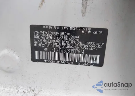 2008 Subaru Impreza 2.5I z USA, uszkodzony, nr VIN JF1GH61678H837814